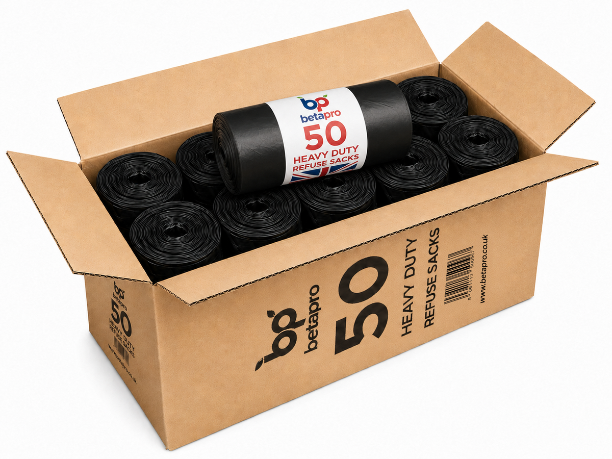 Betapro black bin bags on a roll, case of 10 rolls