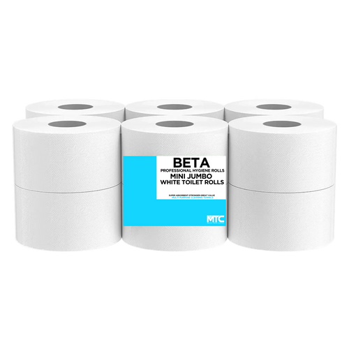 Mini Jumbo Pure White toilet roll 200m 76mm core 1x12 pack — premium 200m 76mm dispenser washroom roll, buy online UK