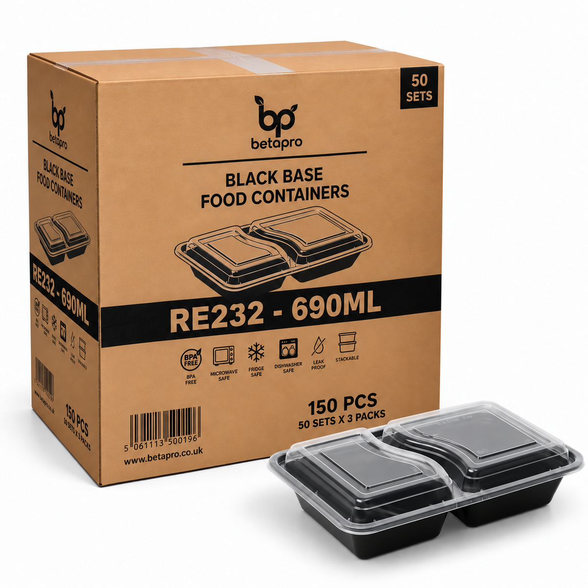 RE232 RECTANGULAR BLACK CONTAINER WITH LID 1x150