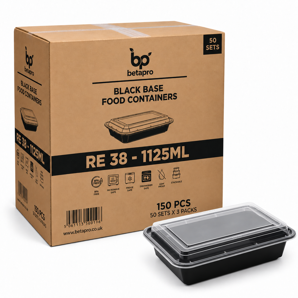 RE38 RECTANGULAR BLACK CONTAINER WITH LID 1x150